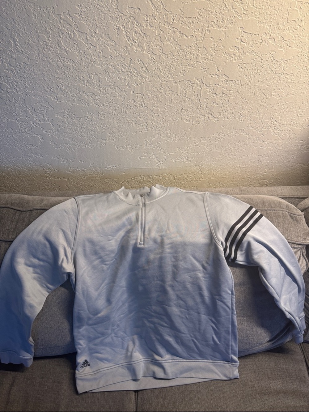 adidas Men’s Light Gray Quarter-Zip Sweatshirt with Black Sleeve Stripes